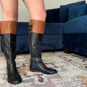 Steve Madden Black/Cognac Knee High Boots, Size 7.5